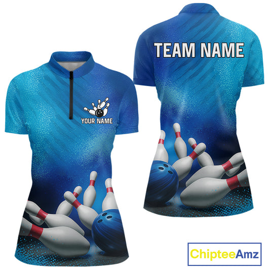 Custom Blue Bowling Team Women Polo, Quarter-Zip Shirts, custom bowling jersey with name NQS10282