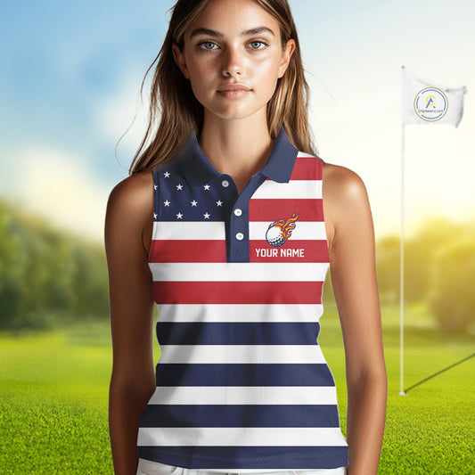 Custom American Flag Sleeveless Golf Polo Shirt, Personalized Patriotic Ladies Golf attire NQS10500