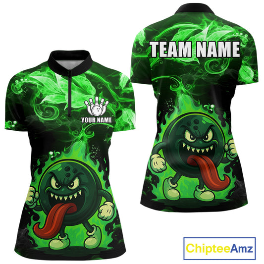 Personalized Funny Bowling Shirts for Women Green Flame Custom Bowling Team Outfit, Gift For Bowlers NQS10909