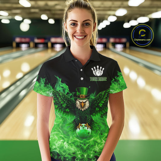 Green Flame Smoke St Patrick's Day Eagle Skull Women's Bowling Shirt Custom Lucky Bowling Team Jersey NQS11286