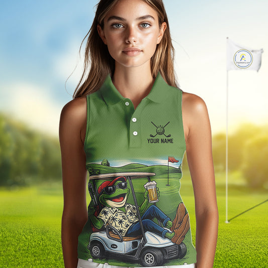 Funny Green frog Sleeveless polo shirts Custom golf outfit for ladies, personalized golf gifts NQS11300