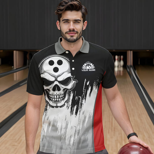 Black and White Skull Bowling Polo, Quarter Zip Shirts For Men Custom Bowling Team Jerseys | Red NQS9587