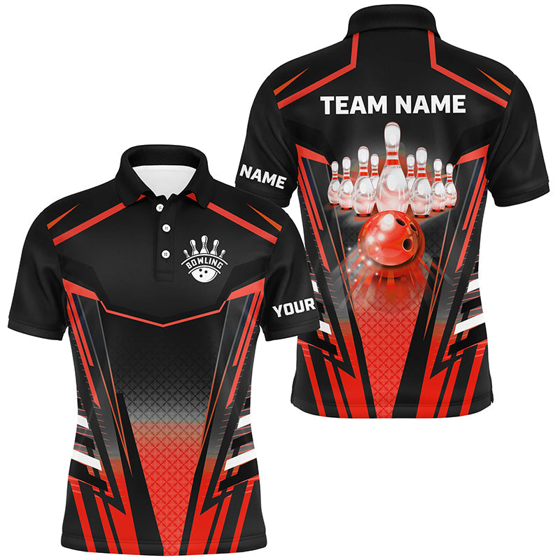 Men bowling Polo, Quarter Zip shirts Custom black & red Bowling ball pins Team Jerseys bowling apparel NQS8521