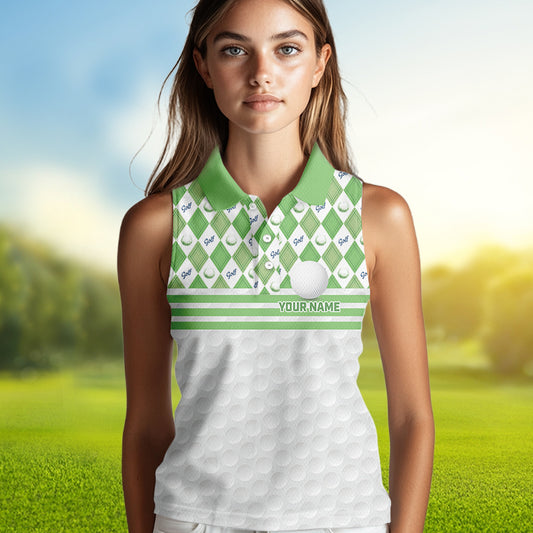 Green argyle pattern American flag white Women sleeveless polos custom patriotic gifts for golf lovers NQS9595
