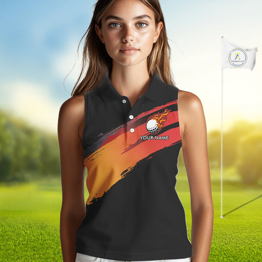 Black and Orange gradient flame golf ball Women sleeveless polo shirt custom ladies golf clothes NQS10168