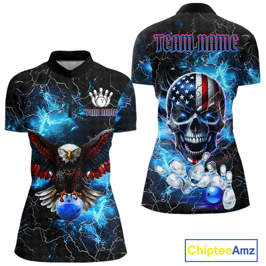 Blue Thunder Lightning American Flag Eagle Skull Women Bowling Shirts Custom Bowling Team Jersey NQS10724