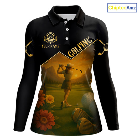 Black & Gold Golf polo shirt for Women Custom Ladies golf tops, gift for golfers NQS10339