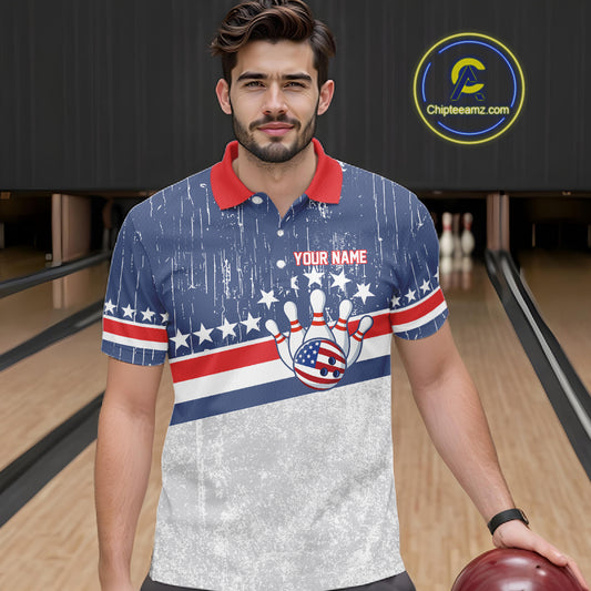 Red, White and Blue Grunge American Flag Bowling Shirts For Men Custom Patriotic Team Bowling jersey NQS11345
