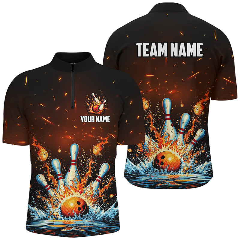 Fire and Water bowling ball pins jersey Polo, 1/4 Zip Shirt for Men Custom Flame Bowling Team shirts NQS7709