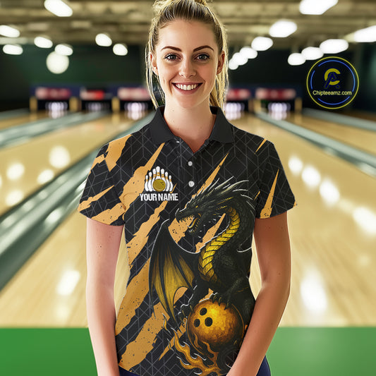 Black and Gold Dragon Bowling Polo, Quarter Zip Shirts for Women Custom Bowling Outfit Team jersey NQS10037