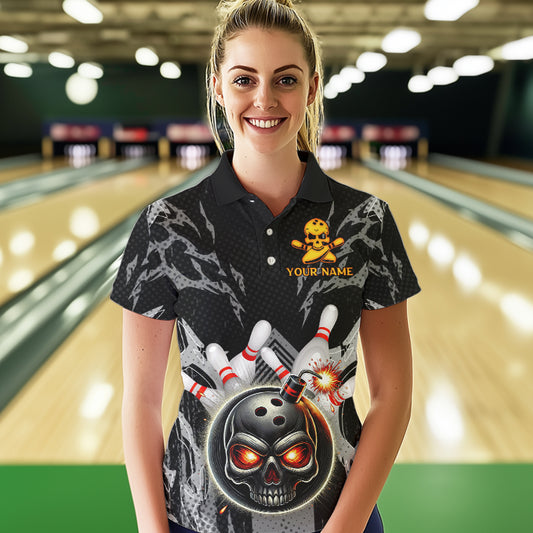 Funny Black and Gray Camo Bowling Shirt For Women Custom Skull Bowling Bomb Team ladies bowling attire NQS9792