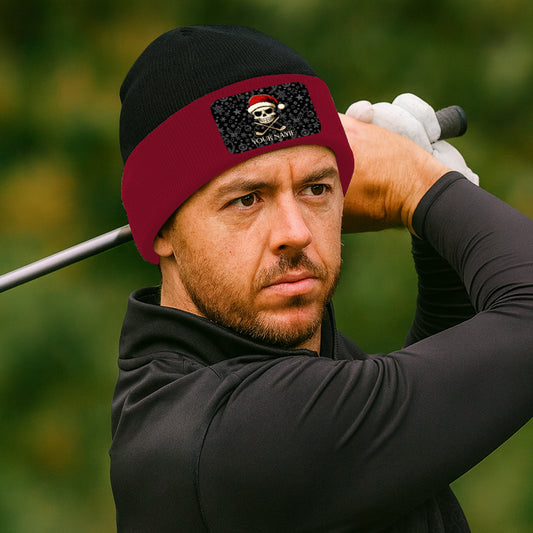 Funny Christmas Skull Golf Knit Beanie Hat, Custom Rectangle Patch Golf Beanie Hat, Xmas Golf Gifts NQS10783