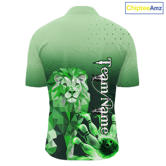 Green Lightning Lion Bowling Polo, Quarter Zip Shirts for Men Custom Lion Bowling Team jerseys NQS11568