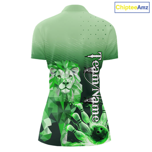 Green Lightning Lion Bowling Polo, Quarter Zip Shirts for Women Custom Lion Bowling Team jerseys NQS11568