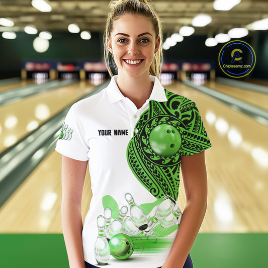 Green and White Tribal pattern Women Bowling Shirts Custom Bowling outfit ladies Team bowling jersey NQS9812