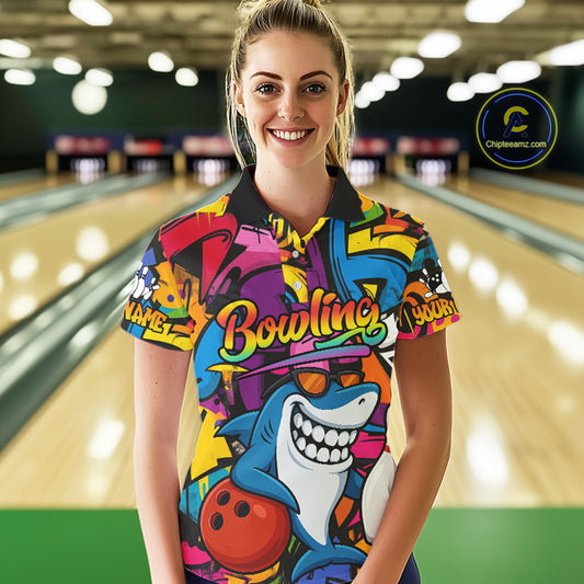 Funny Shark Bowling Shirts For Women Custom Colorful Shark Bowling outfit, Team Bowling Jersey NQS9815