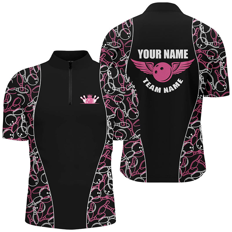 Black and pink Bowling pattern Polo, Quarter Zip Shirts For Men, Personalized Bowling Team Jerseys NQS7724