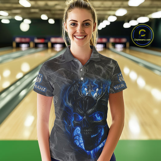 Grey Smoke Blue Flame Skull Bowling Polo, Quarter Zip Shirts For Women Custom Team Bowling Jerseys NQS11182