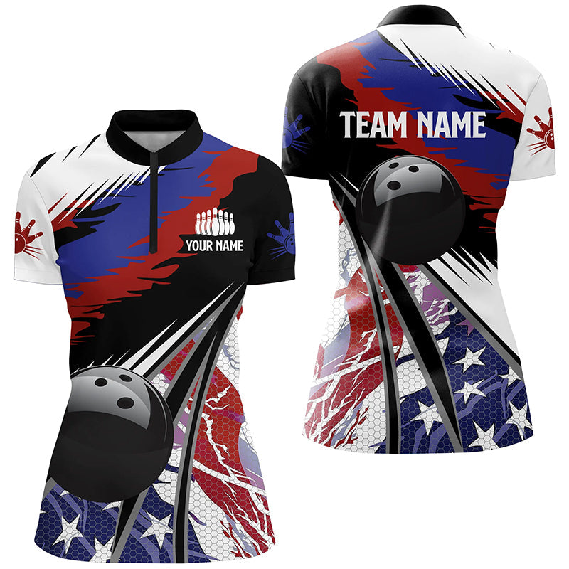 Womens Polo, Quarter Zip bowling shirts Custom black ball American Flag Bowling Team League Jerseys NQS7740