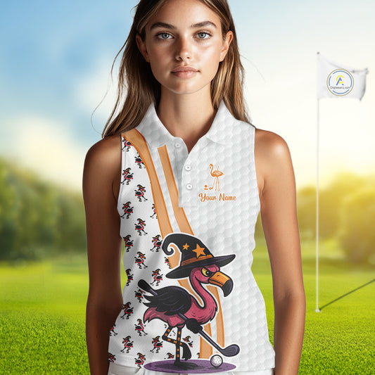 Funny Women Sleeveless Polo Shirt custom Halloween flamingo pattern white golf shirts NQS10377