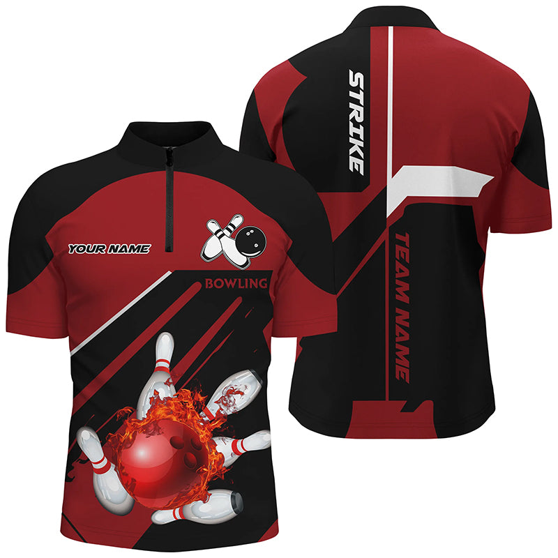 Black and Red Flame Bowling Jerseys Men Strike Bowling Custom Bowling Polo, Quarter-Zip Shirts NQS7752