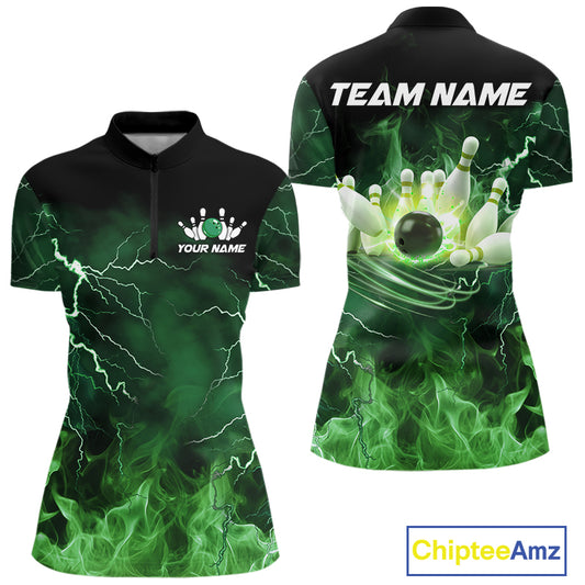 Women bowling shirts Custom green lightning thunder flame Bowling Team Jersey, gift for team Bowlers NQS10388