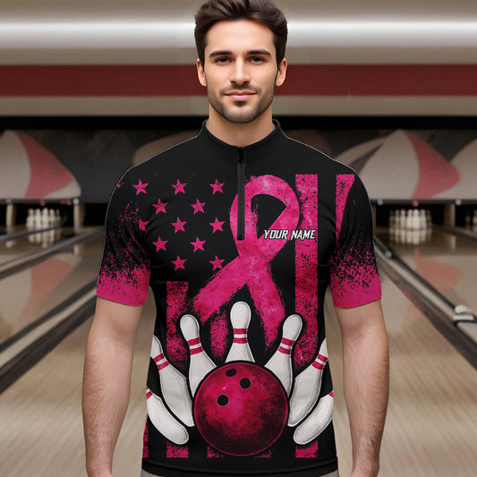 Breast Cancer Bowling Shirts For Men Custom Black and Pink ribbon American Flag Bowling Team Jerseys NQS9842
