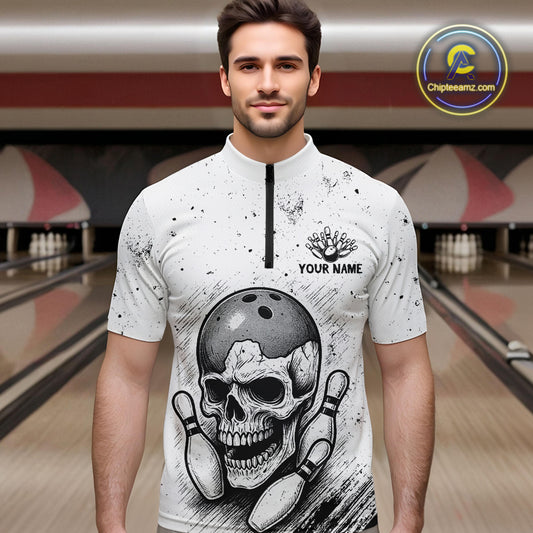 Black and White Grunge Skull Bowling Polo, 1/4 Zip Shirts For Men Custom Skull team bowling jerseys NQS9854
