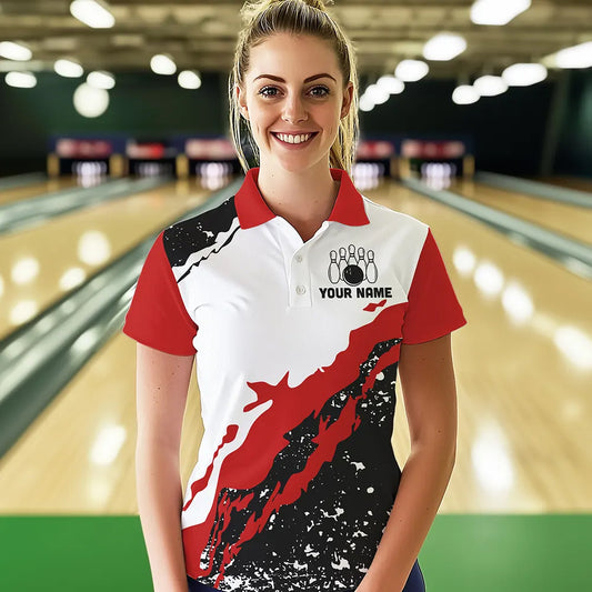Black and white grunge pattern Bowling shirts for Women Custom Bowling Team league Jerseys | Red NQS9335