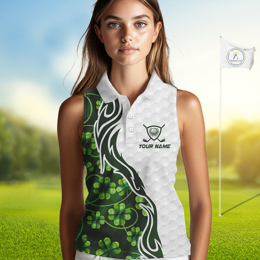 Custom White and Green shamrock pattern Sleeveless Golf Polo Shirts, St Patrick's day ladies golf top NQS11208