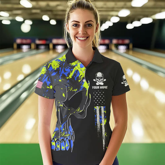 Skull Camouflage American Flag Women Bowling Shirt Custom Patriotic Bowling Ladies Team Jerseys NQS9642