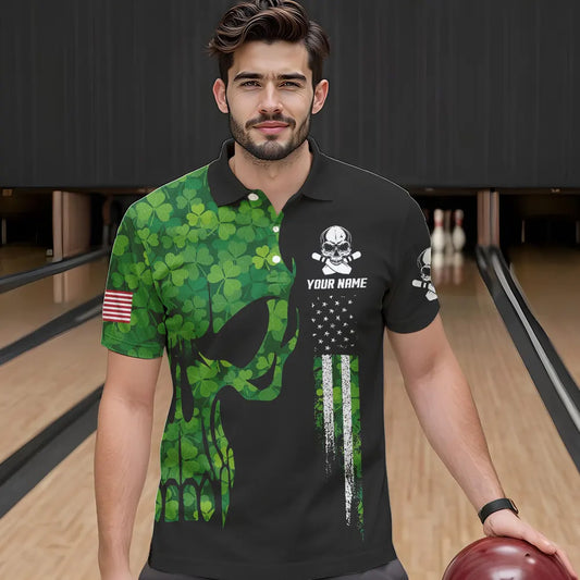 Skull Green Clover pattern American Flag Mens Bowling Shirt Custom St Patrick Day Bowling Team Jersey NQS9643
