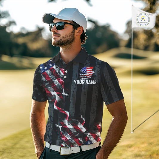 Black American flag smoke Mens golf polo shirts Custom Patriotic Team Golf attire NQS10615