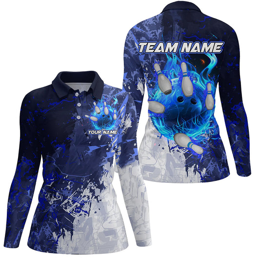 Blue Camo Flame Bowling Polo, Quarter Zip Shirts For Women Custom Bowling Team Jersey Outfits NQS8669