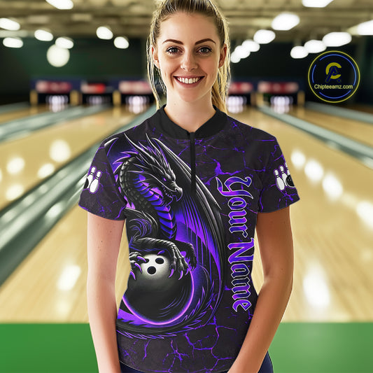 Black And Purple Custom Dragon Bowling Shirts For Women, Dragon Bowling Team Shirts NQS11621