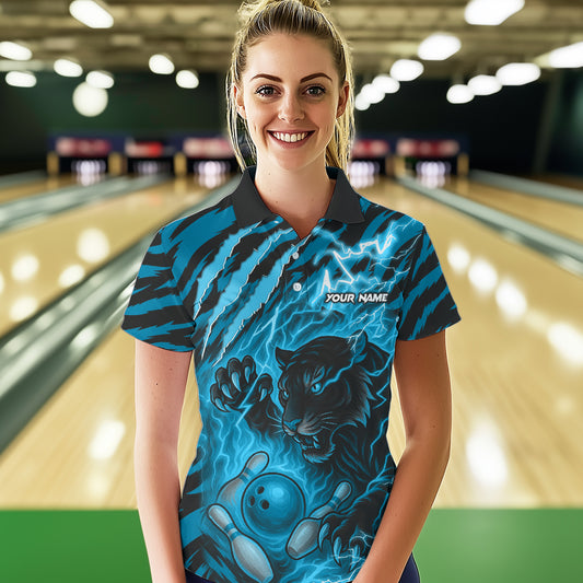 Personalized Tiger Bowling Shirts For Women, Blue Flame Lightning Thunder Tiger Team Bowling Jerseys NQS11232