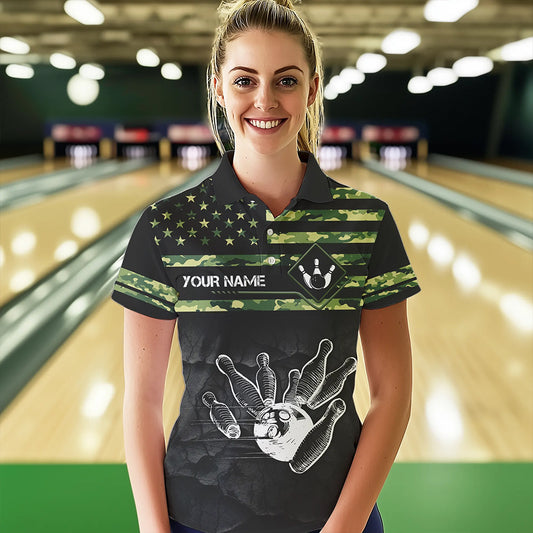 Personalized Green camo American flag Custom Bowling Team Shirts For Women, Bowling League Jersey NQS9518