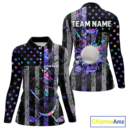 Black American Flag Hologram Womens golf polo shirts Custom patriotic ladies golf tops best golf gift NQS11640