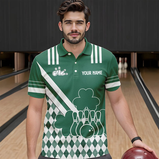 Green and White argyle pattern shamrock St Patrick's Day Men bowling shirts Custom Bowling Team Jersey NQS9383