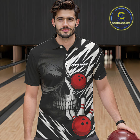 Black and White Skull Bowling Polo, Quarter Zip shirts for Men Custom Skull Team Bowling Jerseys NQS10261