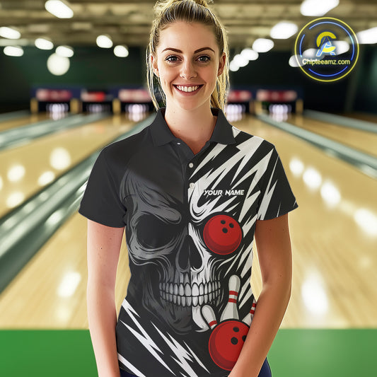 Black and White Skull Bowling Polo, Quarter Zip shirts for Women Custom Skull Team Bowling Jerseys NQS10261