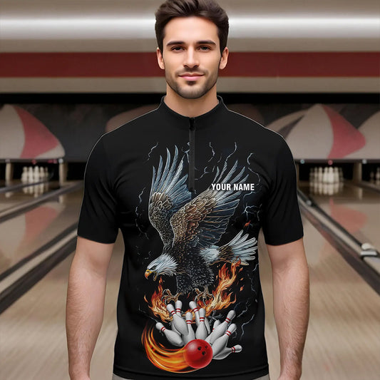 Black Mens Bowling Polo, 1/4 Zip Shirt Custom Flame Eagle Lightning bowling outfit gifts for bowlers NQS9707