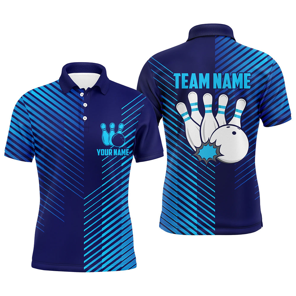 Blue stripes pattern bowling ball pins custom Men's bowling Polo, Quarter Zip shirts team jerseys NQS7843