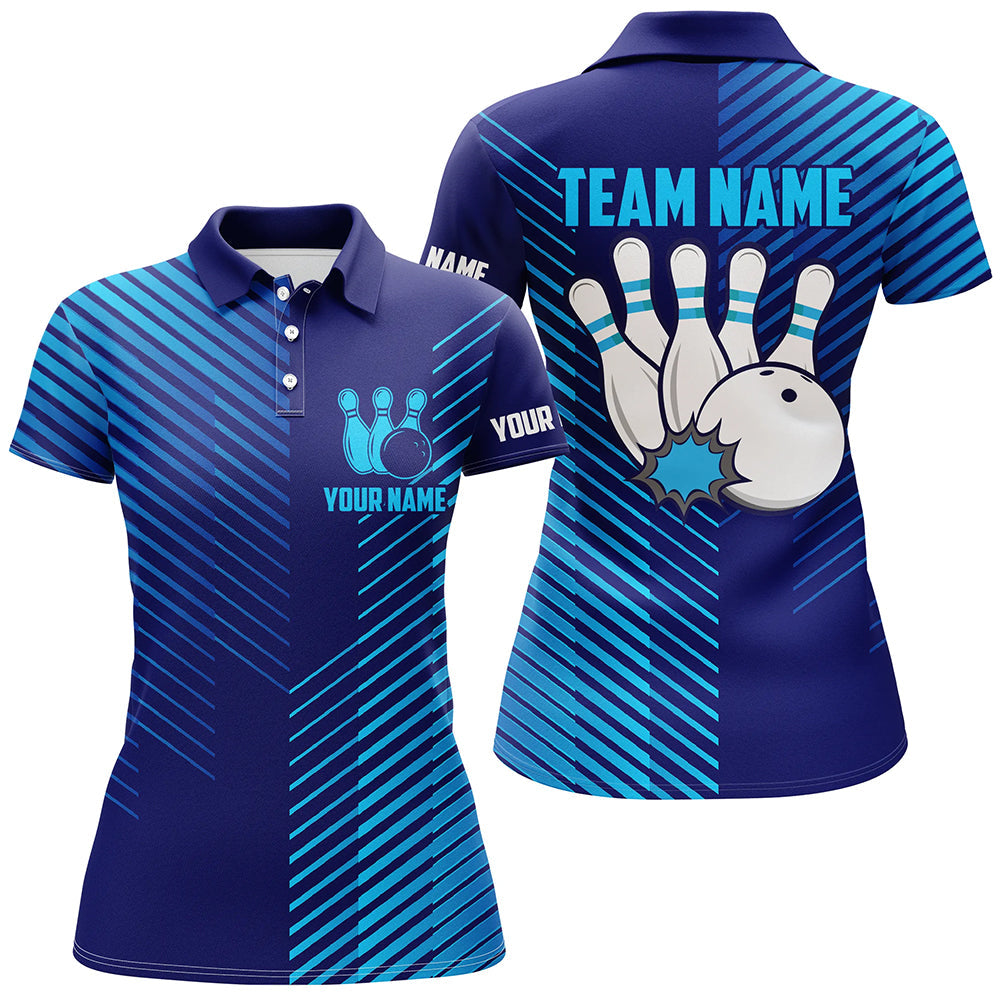 Blue stripes pattern bowling ball pins custom Women's bowling Polo, Quarter Zip shirts team jerseys NQS7843