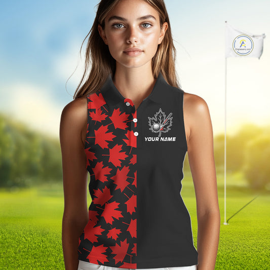 Black and Red maple leaf pattern Women sleeveless polo shirt Custom Canadian Flag patriotic golf top NQS10139