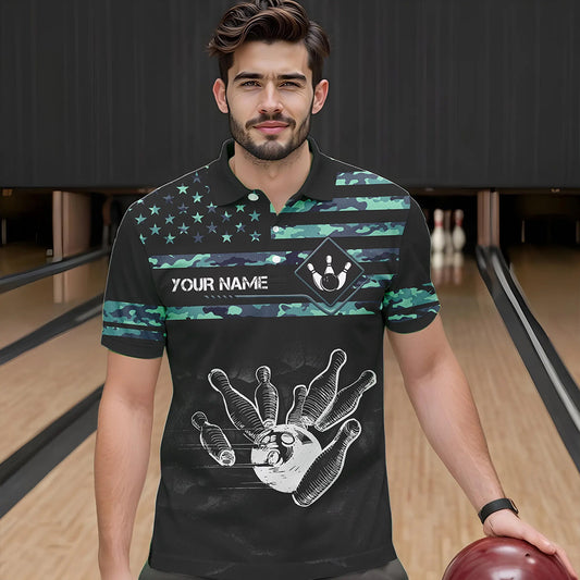 Personalized Turquoise camo American flag Custom Bowling Team Shirts For Mens, Bowling League Jersey NQS9725