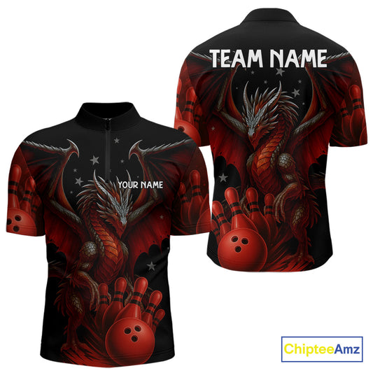 Black And Red Dragon Bowling Shirts For Men Custom Name Team Bowling League Jersey, Bowling Gifts NQS11091