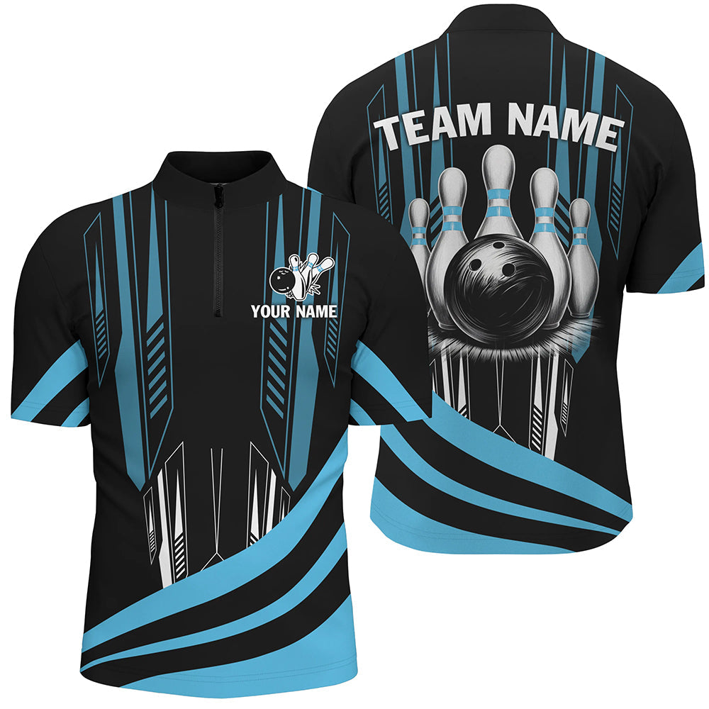 Black Mens Bowling polo, quarter zip shirt Custom Bowling Team League Jerseys, gift for Bowlers | Blue NQS7660