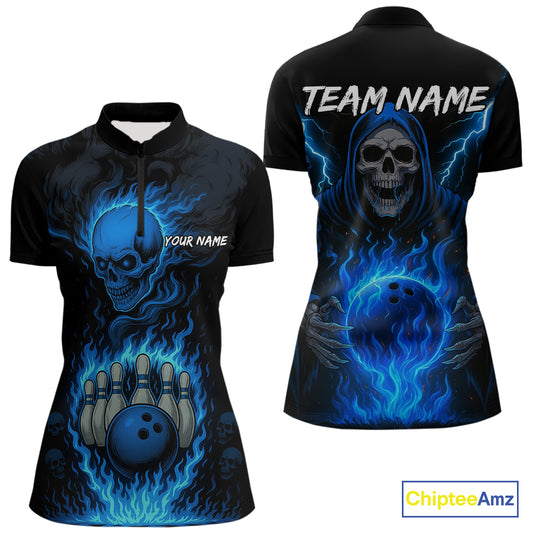 Blue Flame Lightning Thunder Skull Reaper Bowling Shirts for Women Custom Bowling Team League Jersey NQS10908