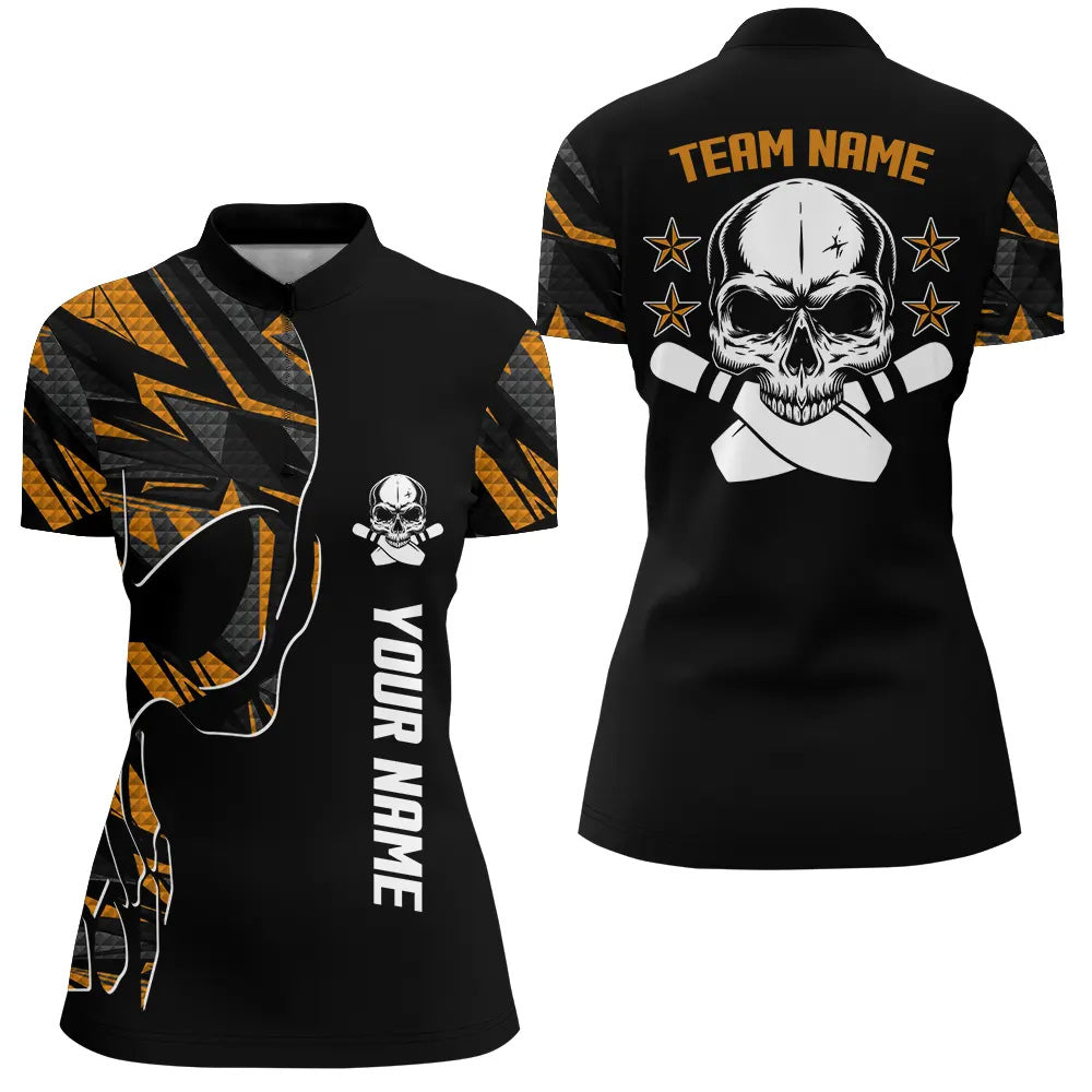 Orange camo black Bowling Quarter Zip shirts for women custom team Skull Bowling, team bowling jerseys NQS6184